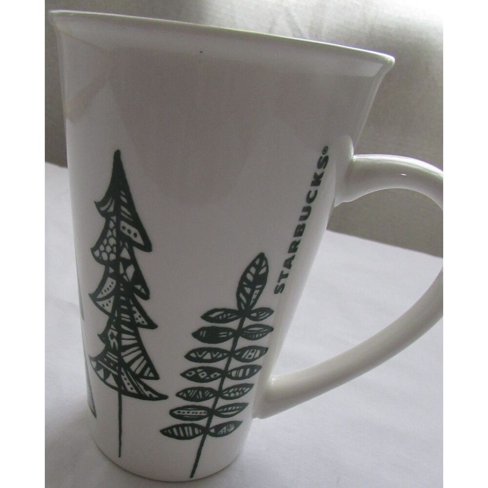 Starbucks 2015 tall coffee mugs set of 2 Christmas Tree green and white tea - Picture 3 of 7
